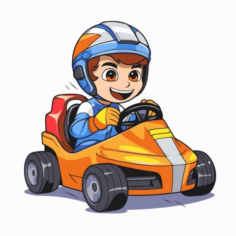 Cartoon boy driving a toy car. Vector illustration isolated on w