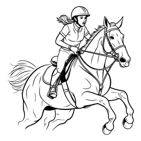 Horse riding. jockey on horse. black and white vector illustrati