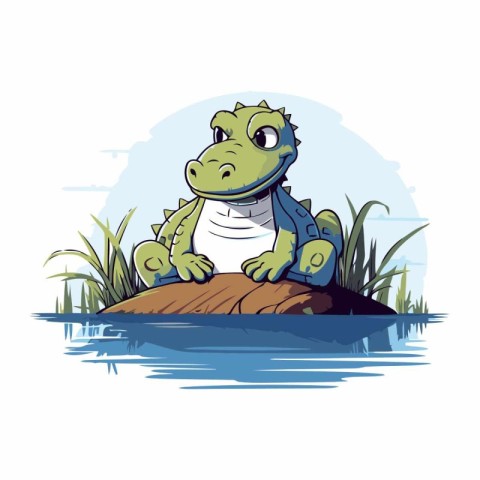 Cute crocodile sitting on a rock in the water. Vector illustrati