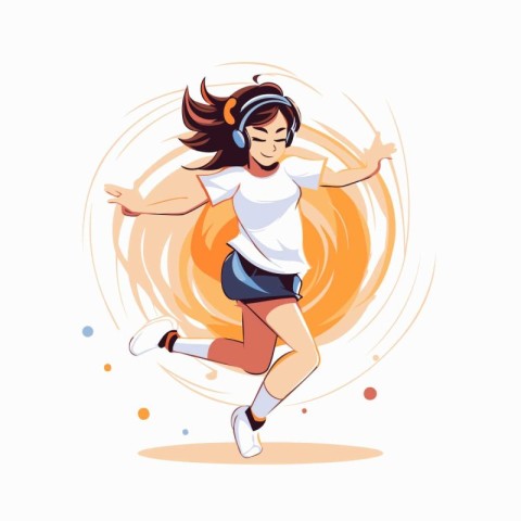 Running girl with headphones. Vector illustration isolated on a