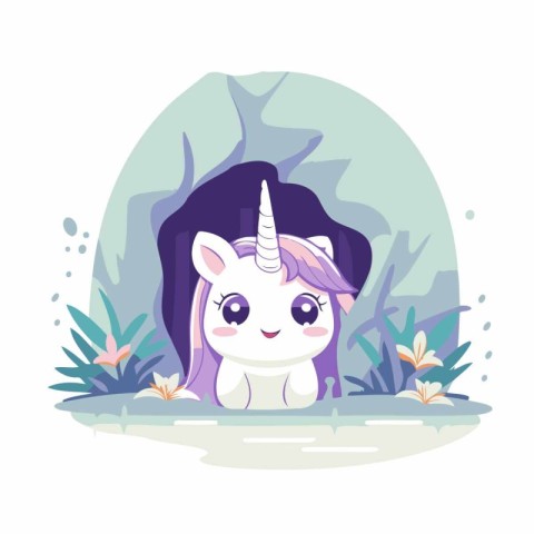 Cute cartoon unicorn in the jungle. Vector illustration in flat