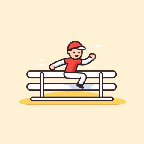 Boy jumping over a fence. Vector illustration in a flat style.