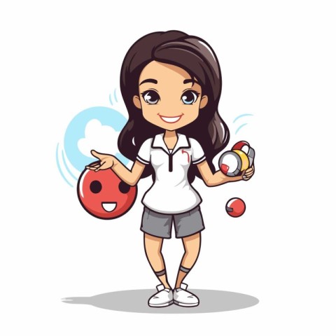 Girl playing bowling vector illustration. Cartoon girl with bowl