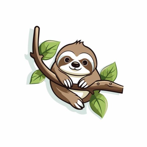 Cute sloth on a branch isolated on white background. Vector illu