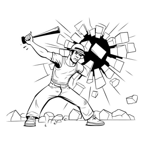 Baseball player hits the ball with a baseball bat. Vector illust