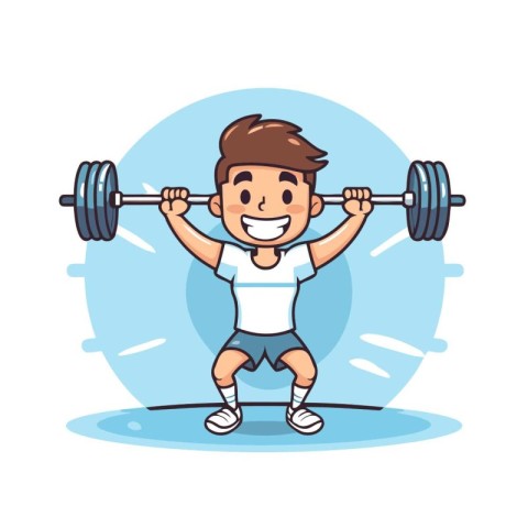 Cartoon boy lifting barbell. Flat design. Vector illustration.