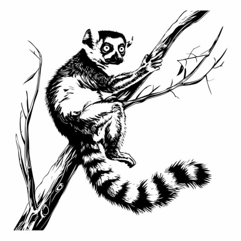 Black and white vector illustration of a lemur sitting on a bran