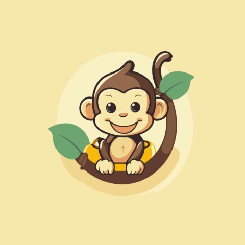 Cute cartoon monkey sitting on a tree branch. Vector illustratio