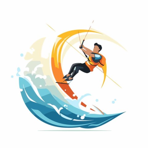 Kitesurfing sport vector illustration. Kitesurfer on the waves.