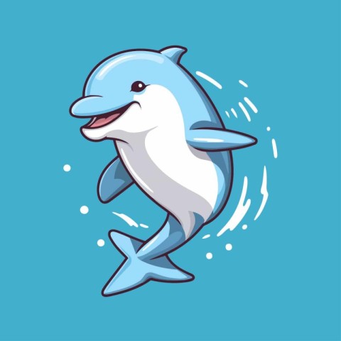 Cute cartoon dolphin isolated on blue background. Vector illustr