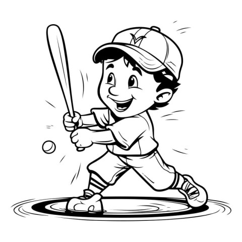 Black and White Cartoon Illustration of Little Boy Baseball Play