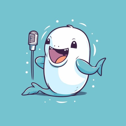 Cute white whale with microphone in cartoon style. Vector illust