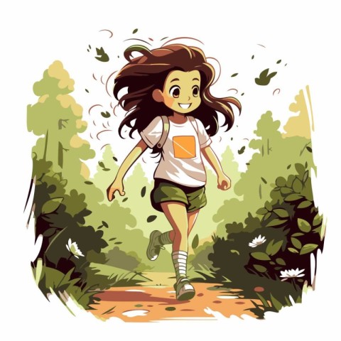 Cute little girl running in the park. Vector cartoon illustratio