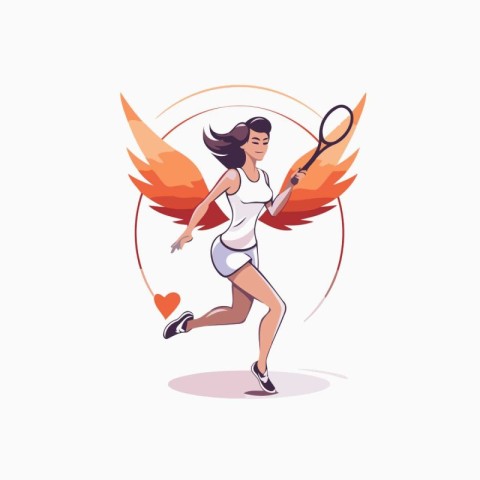 Woman tennis player with racket and wings. Vector illustration i