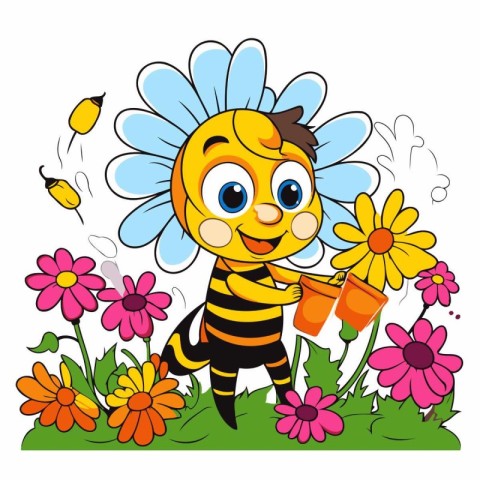 Cute cartoon bee with a watering can and flowers. Vector illustr