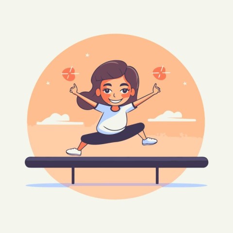 Little girl doing exercises on a trampoline. Flat style vector i