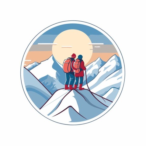 Hiking in the mountains. Vector illustration in flat style on wh