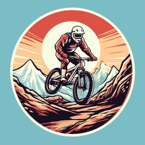 Mountain biker rides through the mountains. Vector illustration