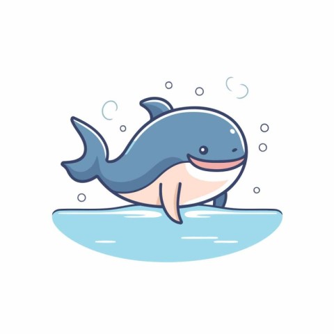 Cute little whale swimming in the sea. Vector illustration in fl