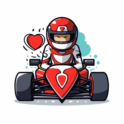 Cartoon kart driver with heart on race track. Vector illustratio