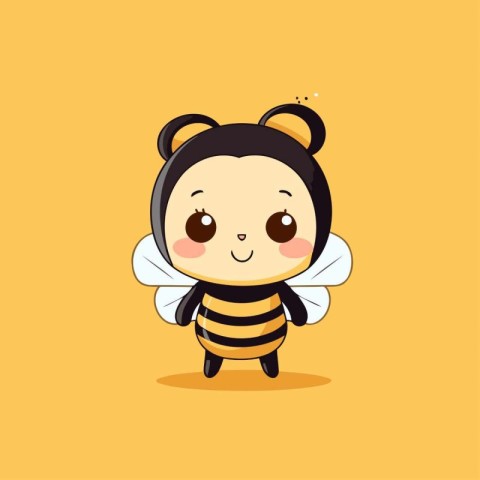 Cute cartoon bee character. Vector illustration on a yellow back