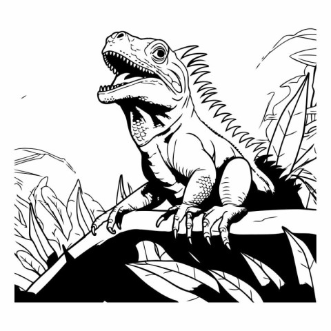 Iguana in the jungle. black and white vector illustration.