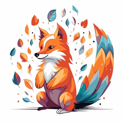 Cute fox sitting on the ground among autumn leaves. Vector illus