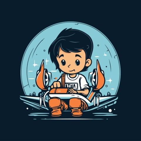 Cute little boy riding a skateboard. Vector illustration on dark