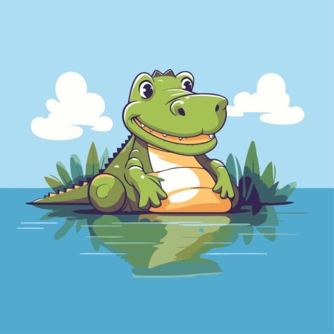 Cute crocodile on the island in the lake. Vector illustration