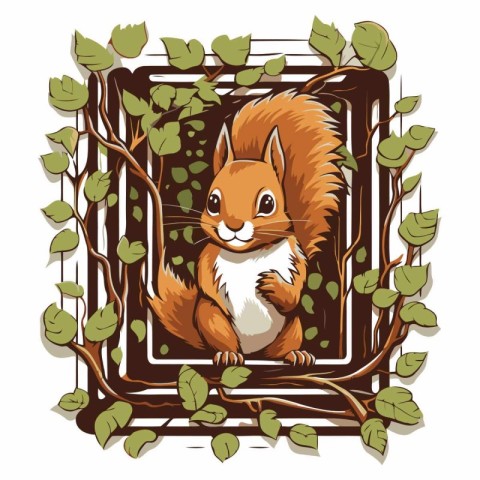 Squirrel in the frame of the branches of a tree. Vector illustra