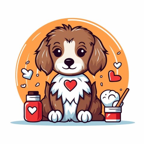 Cute cartoon dog with a bottle of medicine. Vector illustration.