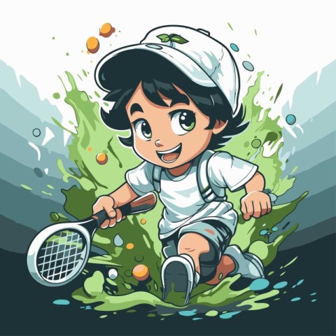 Cartoon illustration of a little boy playing tennis. Vector illu