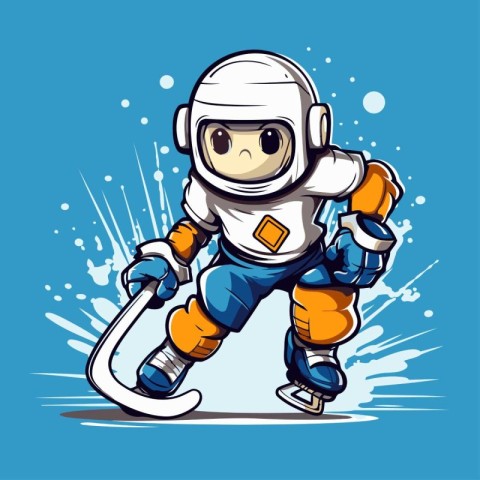 Astronaut in space suit with ice hockey stick. Vector illustrati