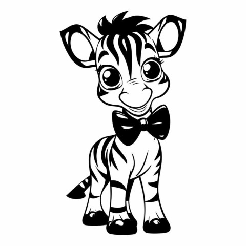 Black and white vector illustration of cute baby zebra in bow ti