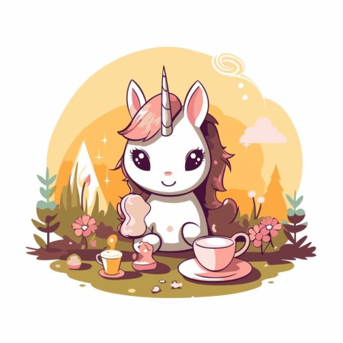 Cute cartoon unicorn with cup of tea. Vector illustration in a f