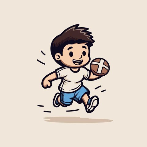 Cute boy running with rugby ball cartoon vector illustration gra