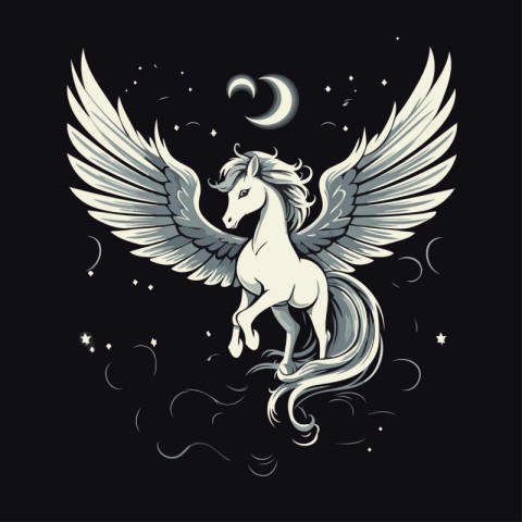 Unicorn with wings and crescent moon. Vector illustration.