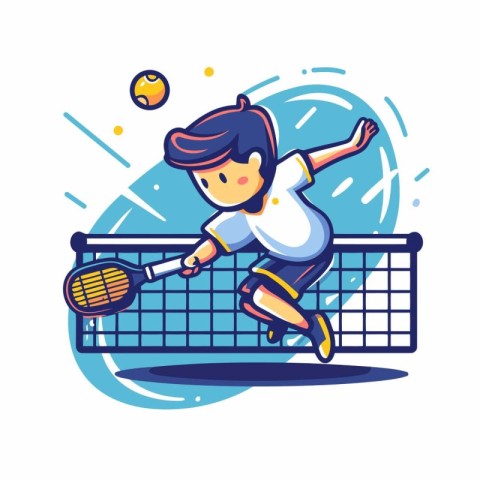 Tennis player with racket and ball. Vector illustration in carto