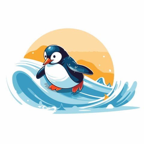 Penguin on the wave. Vector illustration in cartoon style.