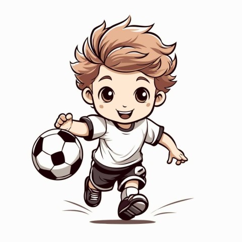 Cute boy playing soccer isolated on white background. Vector ill