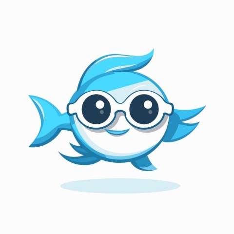 Cute cartoon blue fish with glasses isolated on white background