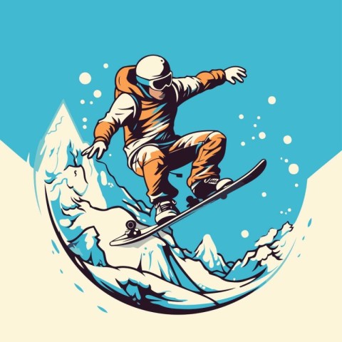 Snowboarder jumping in mountains. extreme sport. vector illustra