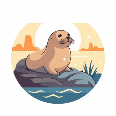 Sea lion on a rock. Vector illustration in a flat style.