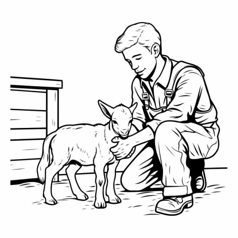 Vector illustration of a man feeding a small dog. Black and whit