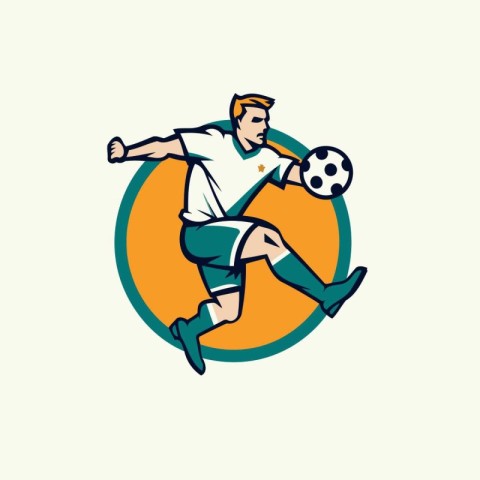 Soccer player kicking the ball. Vector illustration in retro sty