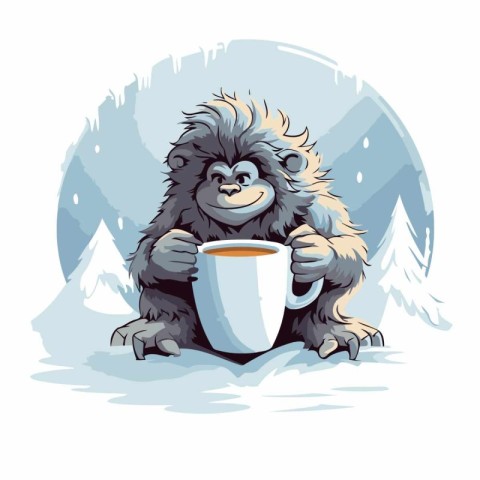 Gorilla with a cup of coffee in the winter forest.