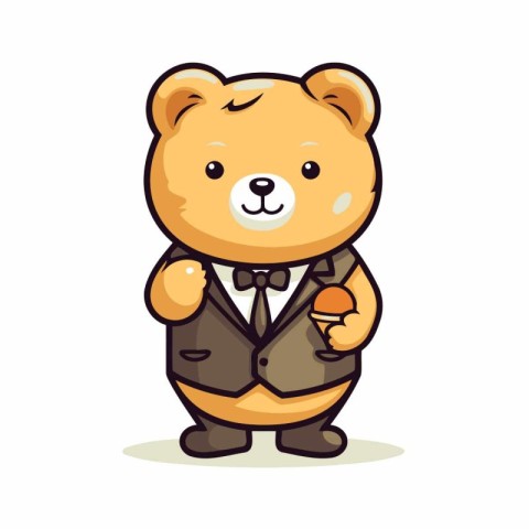 Cute bear in a suit holding an ice cream. Vector illustration.