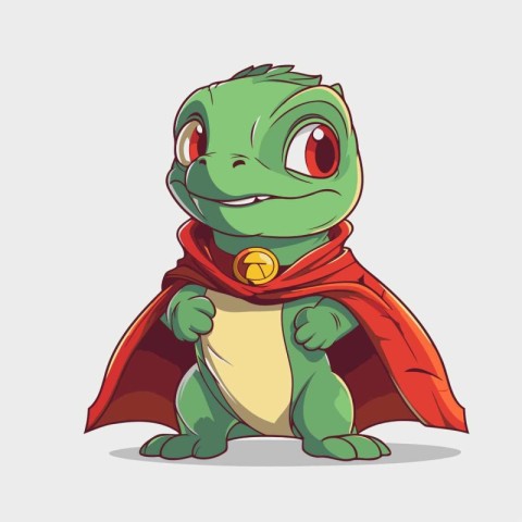 Cute little green crocodile in red cape. Vector illustration.