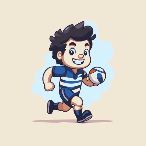 Cartoon rugby player running with ball. Cheerful sport vector il