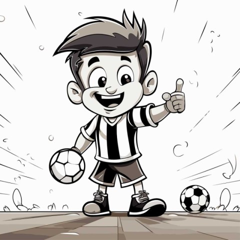 Cartoon soccer player holding a ball and showing thumbs up. Vect